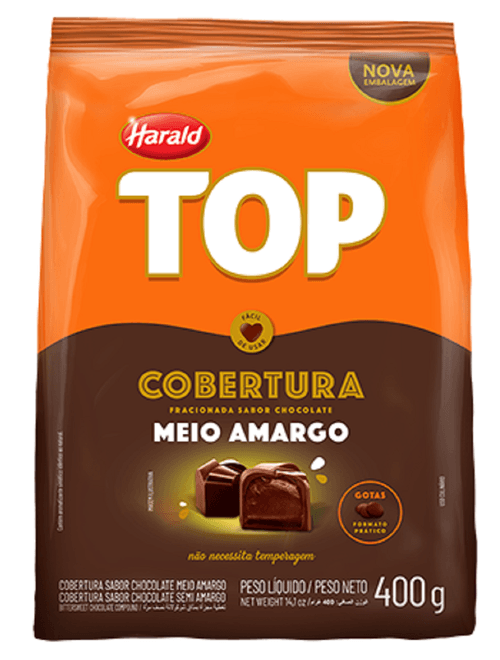 COBERTURA DE CHOCOLATE MEIO AMARGO EM GOTAS TOP 400G HARALD