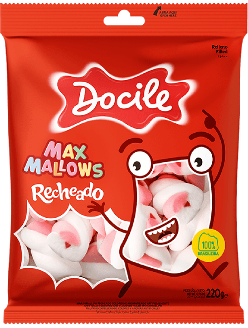 MARSHMALLOW COLORIDO RECHEADO SABOR BAUNILHA COM MORANGO 220G DOCILE