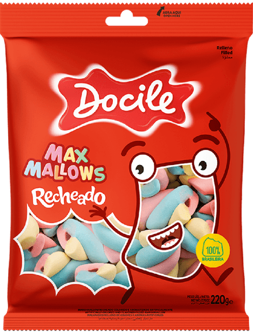 MARSHMALLOW TWIST COLORIDO RECHEADO SABOR BAUNILHA COM MORANGO 220G DOCILE