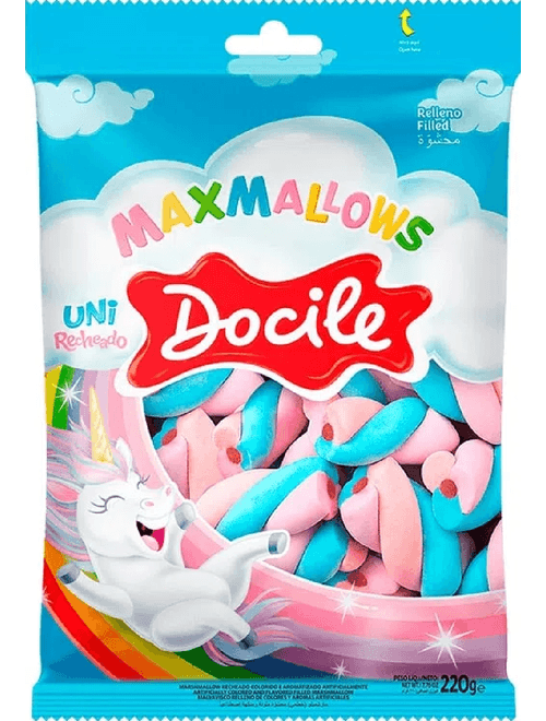 MARSHMALLOW RECHEADO TWIST COLORIDO BAUNILHA COM MORANGO UNICORNIO 220G DOCILE