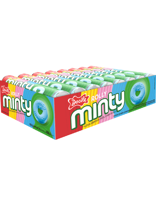 PASTILHA ROLLY MINTY 464G SABOR FRUTAS CONTEM 16 PACOTES DE 29G CADA