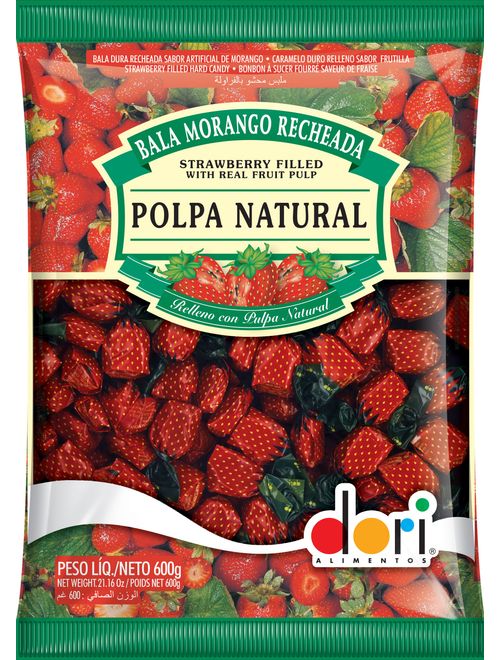 BALA DURA RECHEADA MORANGO POLPA NATURAL 600G DORI