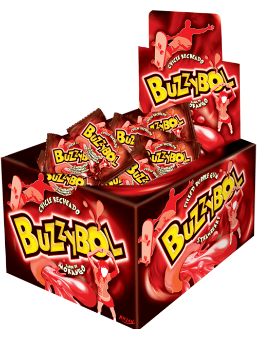 CHICLE BUZZYBOL RECHEADO C/40 UNIDADES  MORANGO RICLAN