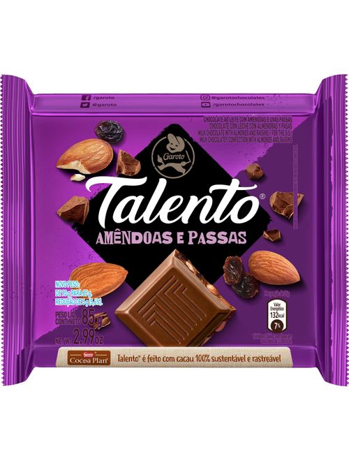 CHOCOLATE TALENTO AMENDOAS E PASSAS CONTEM 12 UNIDADES DE 85G CADA