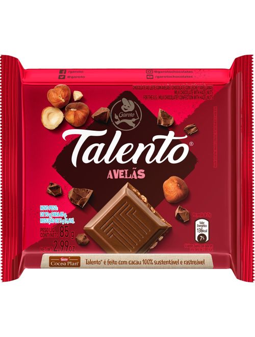 CHOCOLATE TALENTO COM AVELAS CONTEM 12 UNIDADES DE 85G CADA
