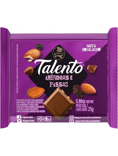 CHOCOLATE TALENTO AMENDOAS E PASSAS CONTEM 15 UNIDADES DE 25G CADA
