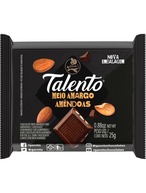 CHOCOLATE TALENTO MEIO AMARGO AMENDOAS CONTEM 15 UNIDADES DE 25G CADA