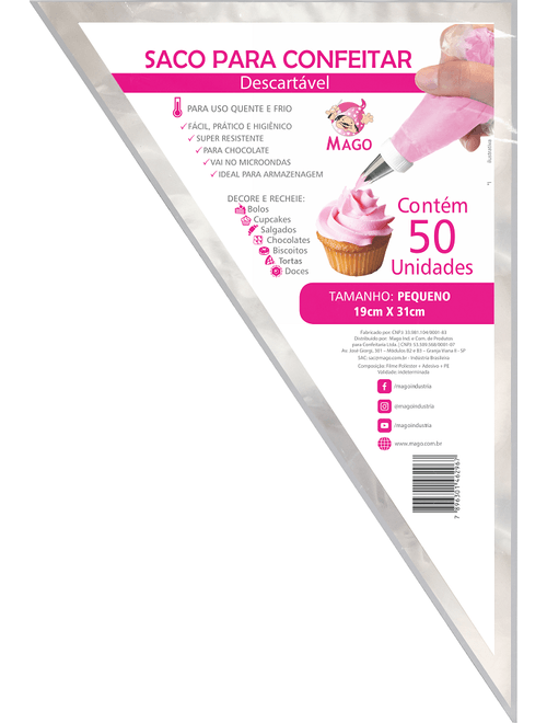 SACO PARA CONFEITAR DESCARTAVEL PEQUENO 19CMX31CM COM 50 UNIDADES MAGO