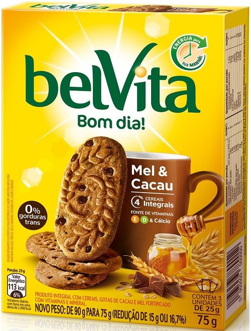 BISCOITO BELVITA MEL E CACAU DISPLAY COM 3 UNIDADES DE 25G CADA