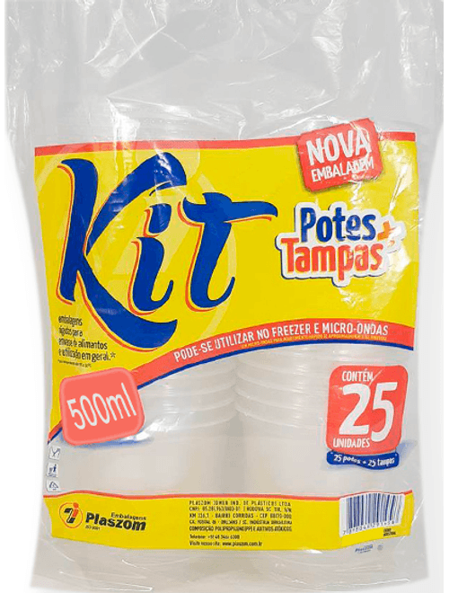 KIT POTE COM TAMPA 500ML FUNDO REDONDO CONTEM 25 UNIDADES PLASZOM