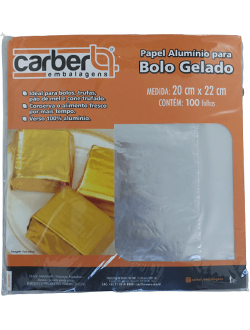 PAPEL ALUMINIO PARA BOLO GELADO INCOLOR 20X22 CM COM 100 UNIDADES CARBER