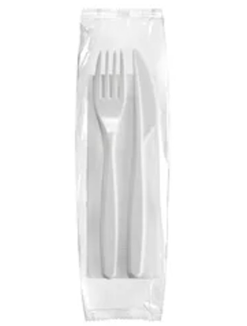 KIT GARFO FACA E GUARDANAPO DESCARTAVEIS BRANCO COM 30 KITS EMBALADOS EM SACHE