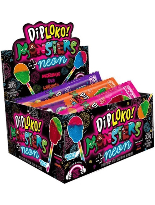 PIRULITO DIP LOKO NEON CAVEIRA COM 30 UNIDADES