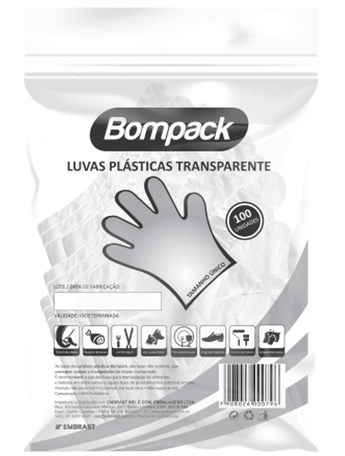 LUVA DESCARTAVEL TRANSPARENTE COM 100 UNIDADES BOMPACK
