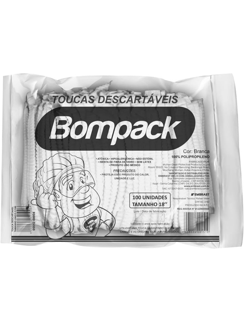 TOUCA DESCARTAVEL DE TNT BRANCA COM 100 UNIDADES BOMPACK
