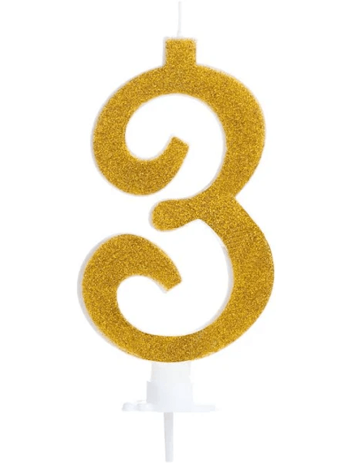 VELA GRANDE COM GLITTER DOURADA NUMERO 3 SILVER FESTAS
