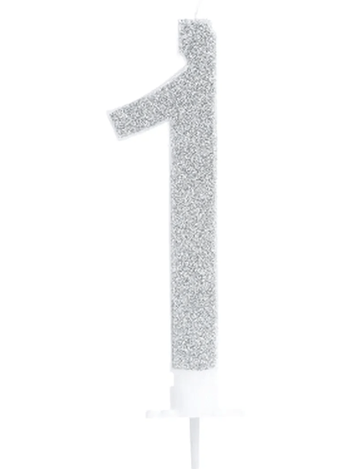 VELA GRANDE COM GLITTER PRATA NUMERO 1 SILVER FESTAS