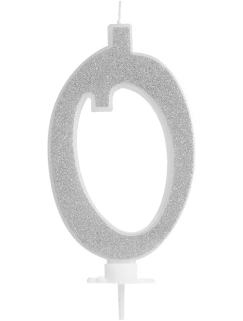 VELA GRANDE COM GLITTER PRATA NUMERO 0 SILVER FESTAS