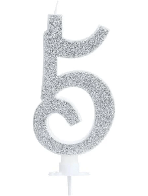 VELA GRANDE COM GLITTER PRATA NUMERO 5 SILVER FESTAS