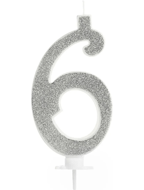 VELA GRANDE COM GLITTER PRATA NUMERO 6 SILVER FESTAS