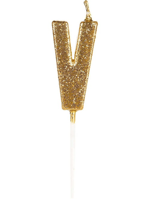VELA PEQUENA COM GLITTER DOURADO LETRA V SILVER FESTAS