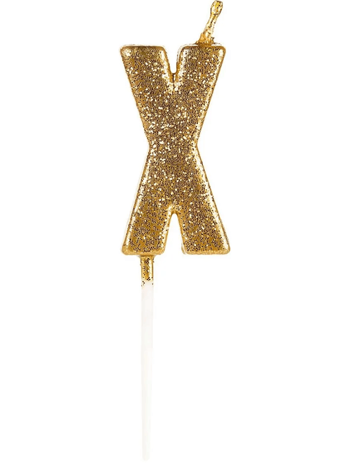 VELA PEQUENA COM GLITTER DOURADO LETRA X SILVER FESTAS