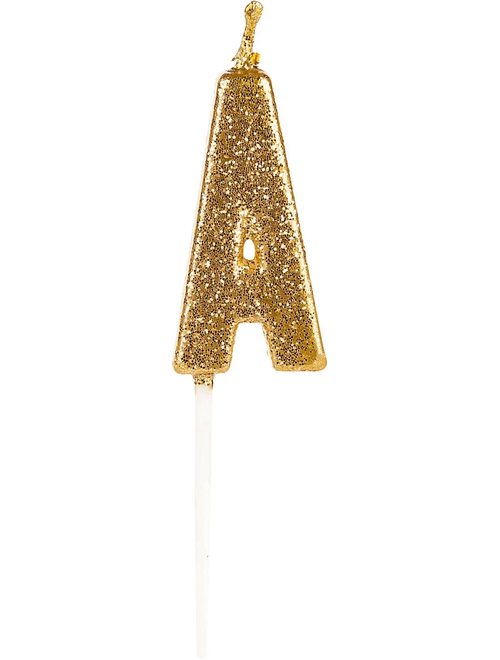 VELA PEQUENA COM GLITTER DOURADO LETRA A SILVER FESTAS