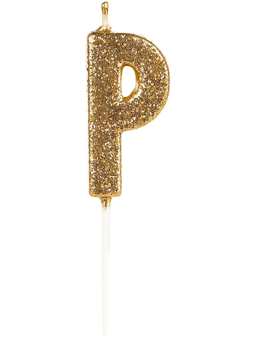 VELA PEQUENA COM GLITTER DOURADO LETRA P SILVER FESTAS