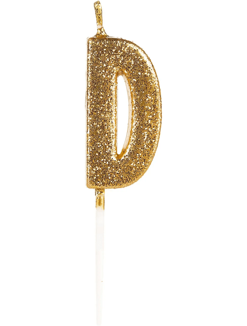 VELA PEQUENA COM GLITTER DOURADO LETRA D SILVER FESTAS