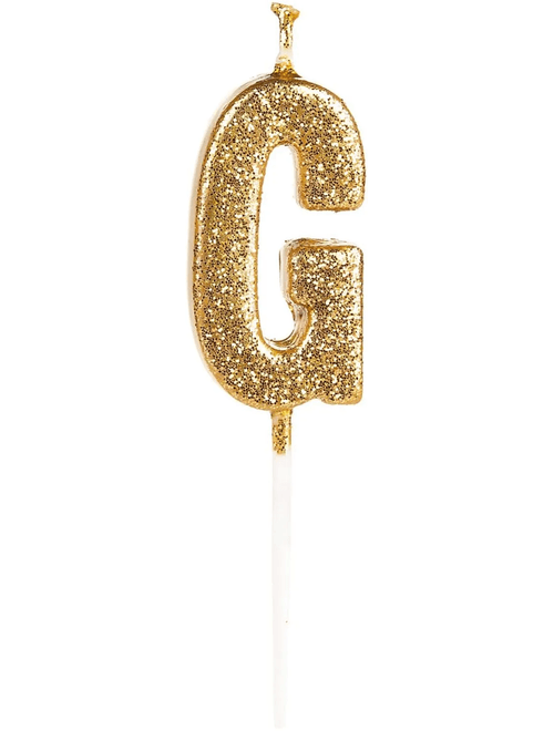 VELA PEQUENA COM GLITTER DOURADO LETRA G SILVER FESTAS