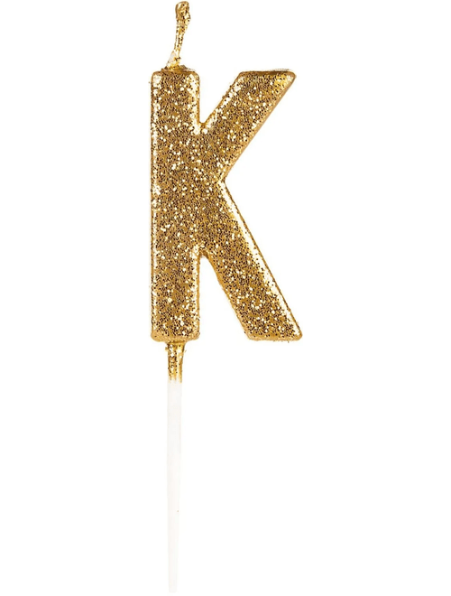 VELA PEQUENA COM GLITTER DOURADO LETRA K SILVER FESTAS