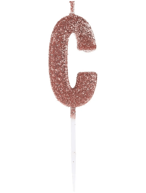 VELA PEQUENA COM GLITTER ROSE GOLD LETRA C SILVER FESTAS