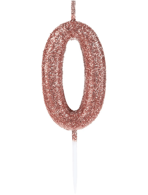VELA PEQUENA COM GLITTER ROSE GOLD LETRA O SILVER FESTAS
