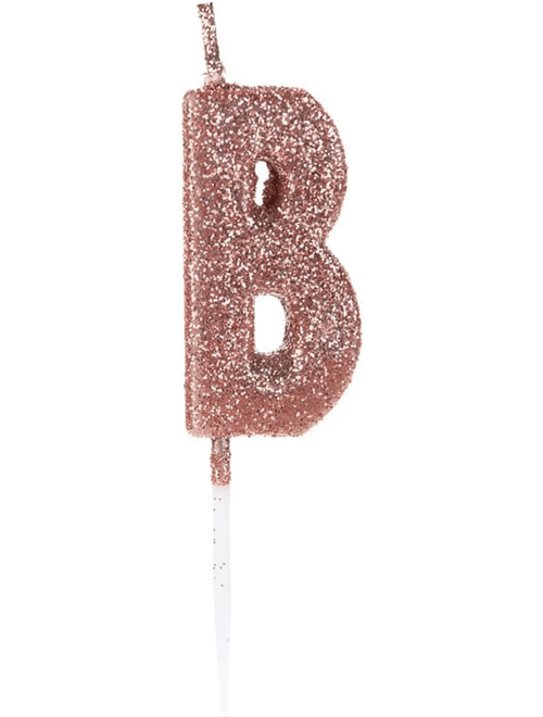 VELA PEQUENA COM GLITTER ROSE GOLD LETRA B SILVER FESTAS