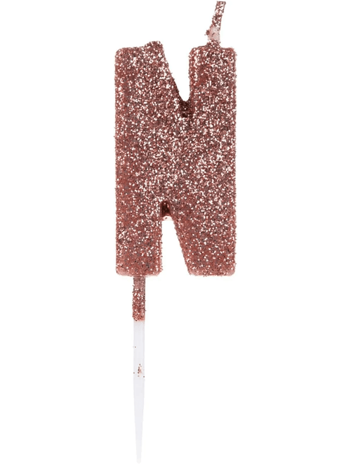 VELA PEQUENA COM GLITTER ROSE GOLD LETRA N SILVER FESTAS
