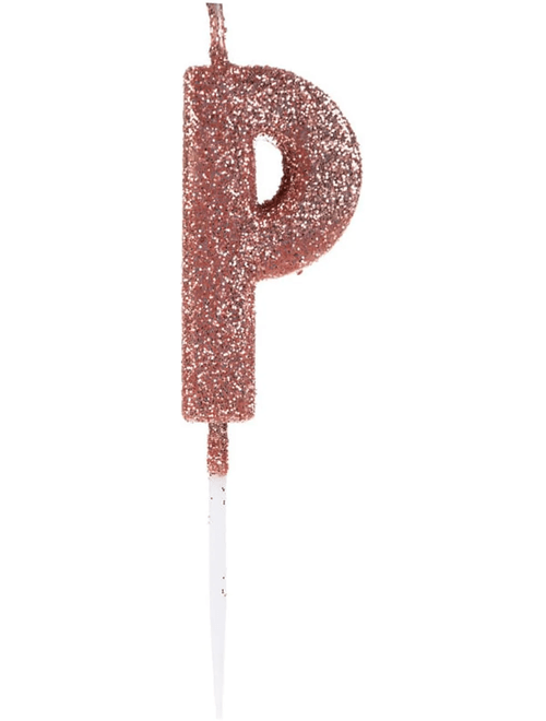 VELA PEQUENA COM GLITTER ROSE GOLD LETRA P SILVER FESTAS