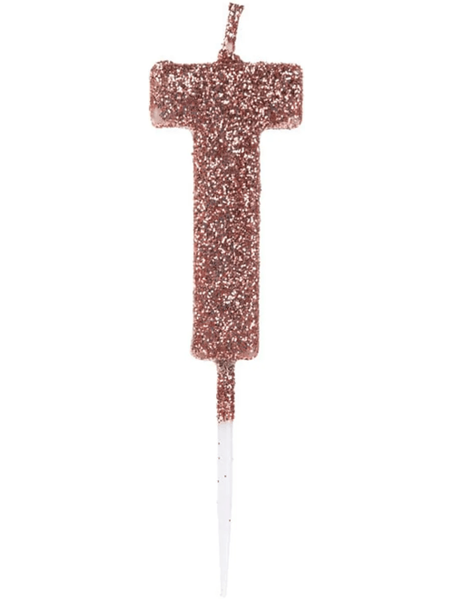 VELA PEQUENA COM GLITTER ROSE GOLD LETRA T SILVER FESTAS