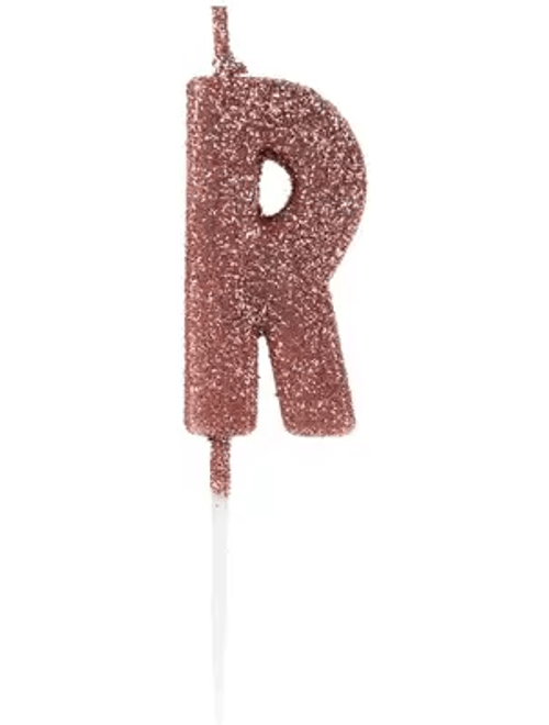 VELA PEQUENA COM GLITTER ROSE GOLD LETRA R SILVER FESTAS