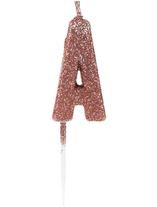 VELA PEQUENA COM GLITTER ROSE GOLD LETRA A SILVER FESTAS