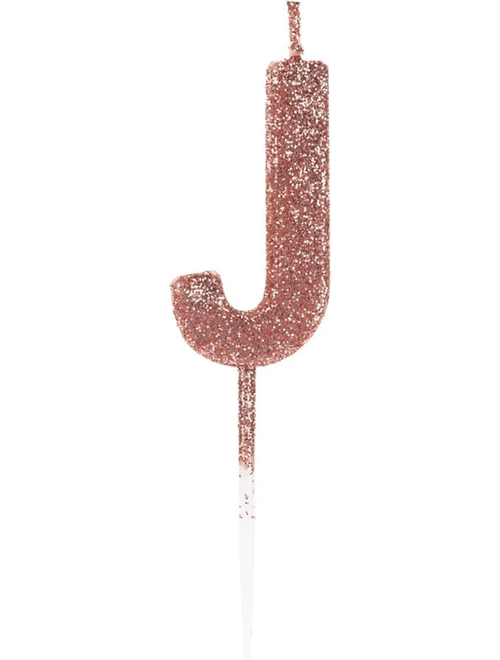 VELA PEQUENA COM GLITTER ROSE GOLD LETRA J SILVER FESTAS