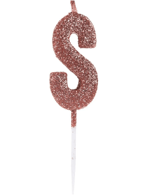 VELA PEQUENA COM GLITTER ROSE GOLD LETRA S SILVER FESTAS