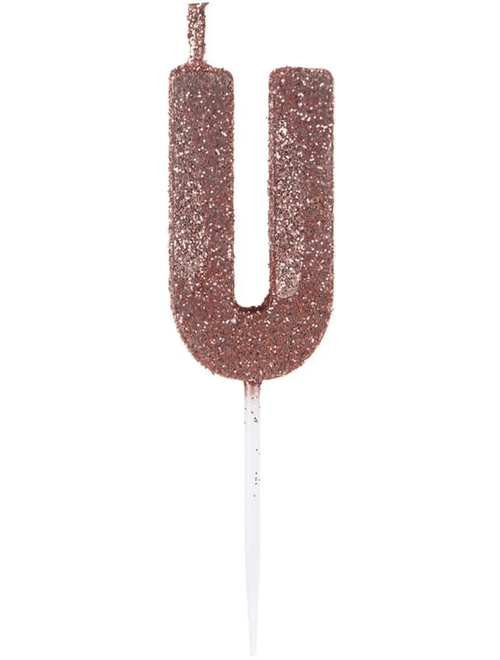 VELA PEQUENA COM GLITTER ROSE GOLD LETRA U SILVER FESTAS