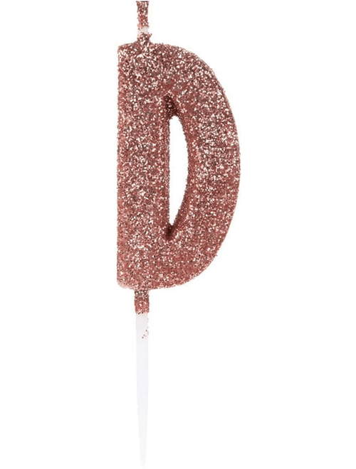 VELA PEQUENA COM GLITTER ROSE GOLD LETRA D SILVER FESTAS
