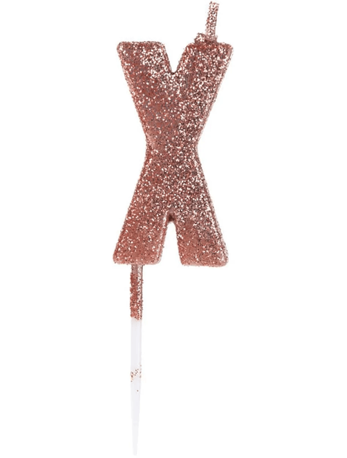 VELA PEQUENA COM GLITTER ROSE GOLD LETRA X SILVER FESTAS