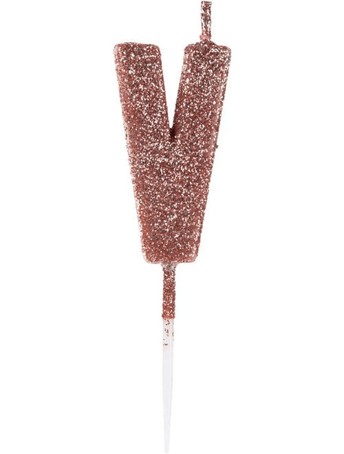VELA PEQUENA COM GLITTER ROSE GOLD LETRA V SILVER FESTAS