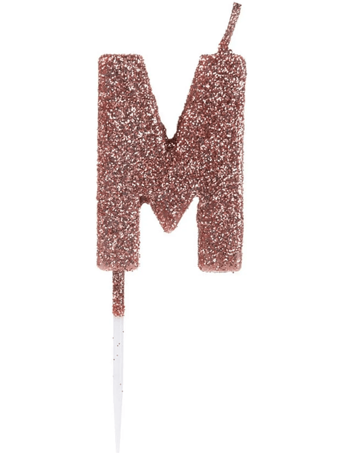 VELA PEQUENA COM GLITTER ROSE GOLD LETRA M SILVER FESTAS