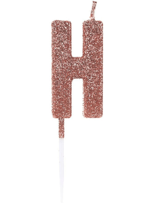 VELA PEQUENA COM GLITTER ROSE GOLD LETRA H SILVER FESTAS