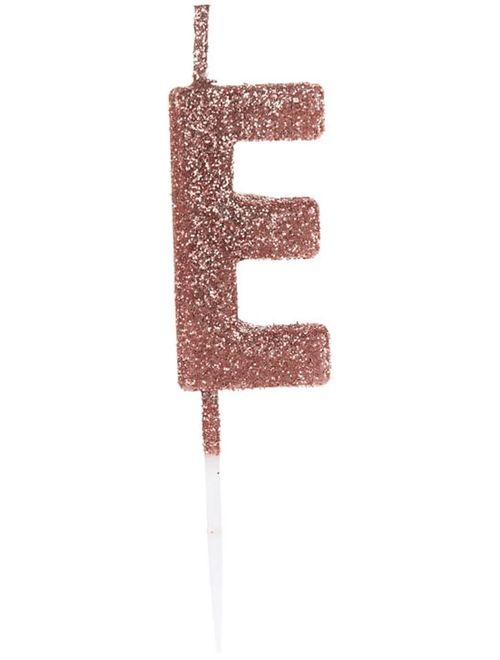 VELA PEQUENA COM GLITTER ROSE GOLD LETRA E SILVER FESTAS