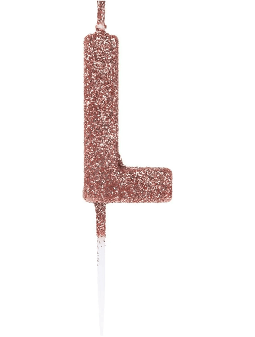 VELA PEQUENA COM GLITTER ROSE GOLD LETRA L SILVER FESTAS