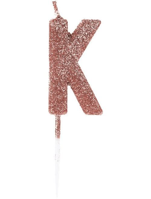 VELA PEQUENA COM GLITTER ROSE GOLD LETRA K SILVER FESTAS